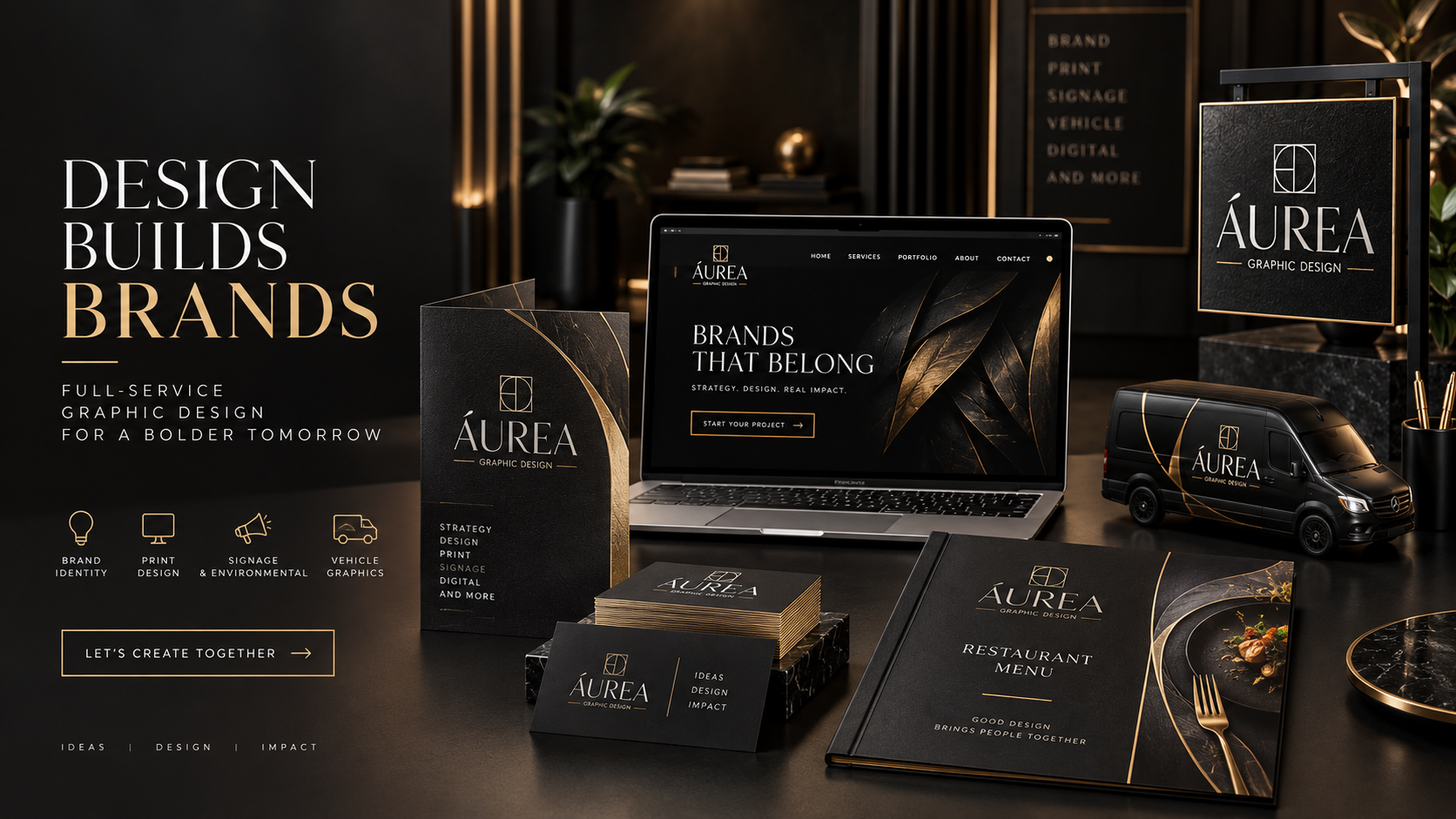 Áurea Graphic Design full-service branding, print, signage, vehicle graphics, and web design presentation