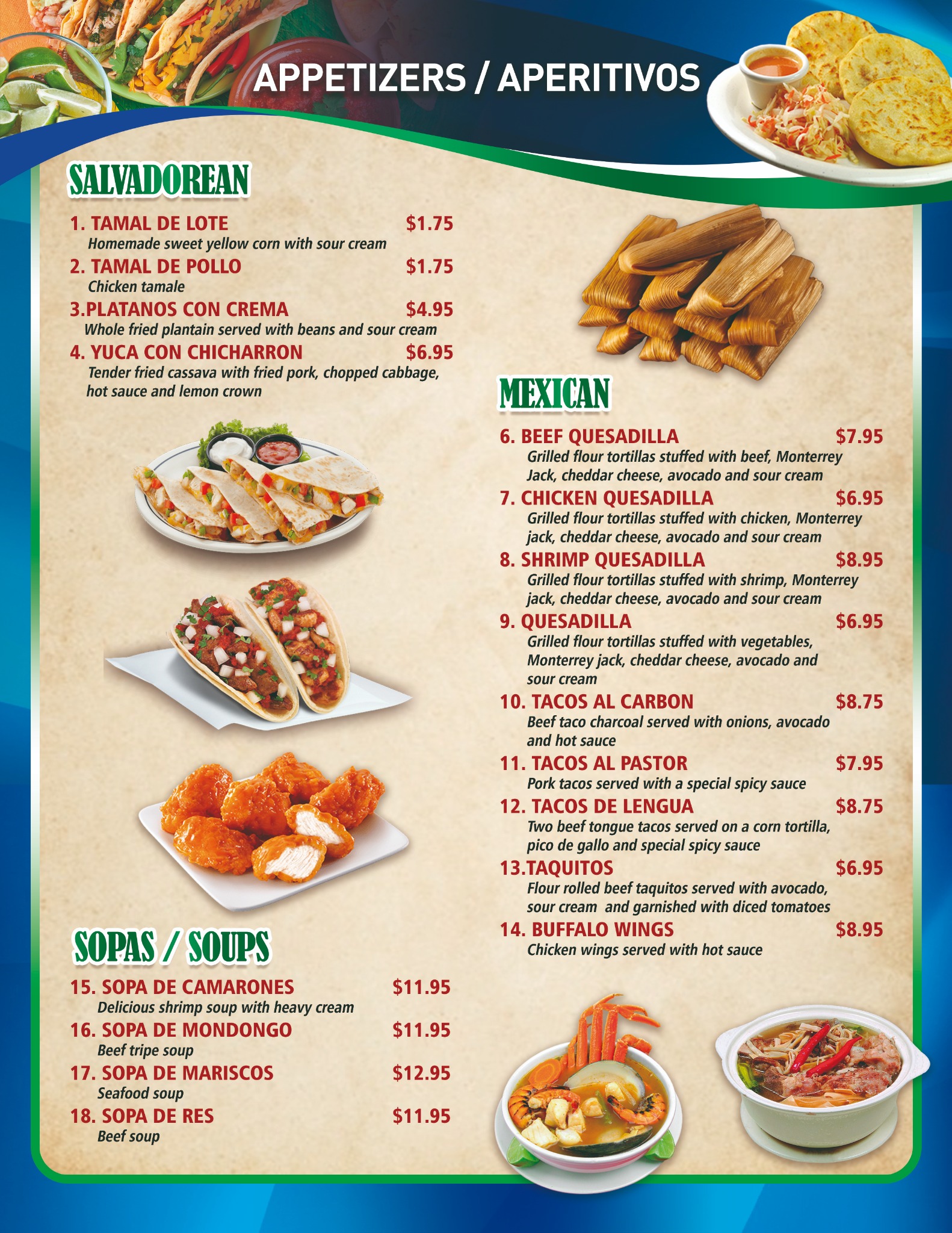 Mirna's Restaurant appetizers menu page