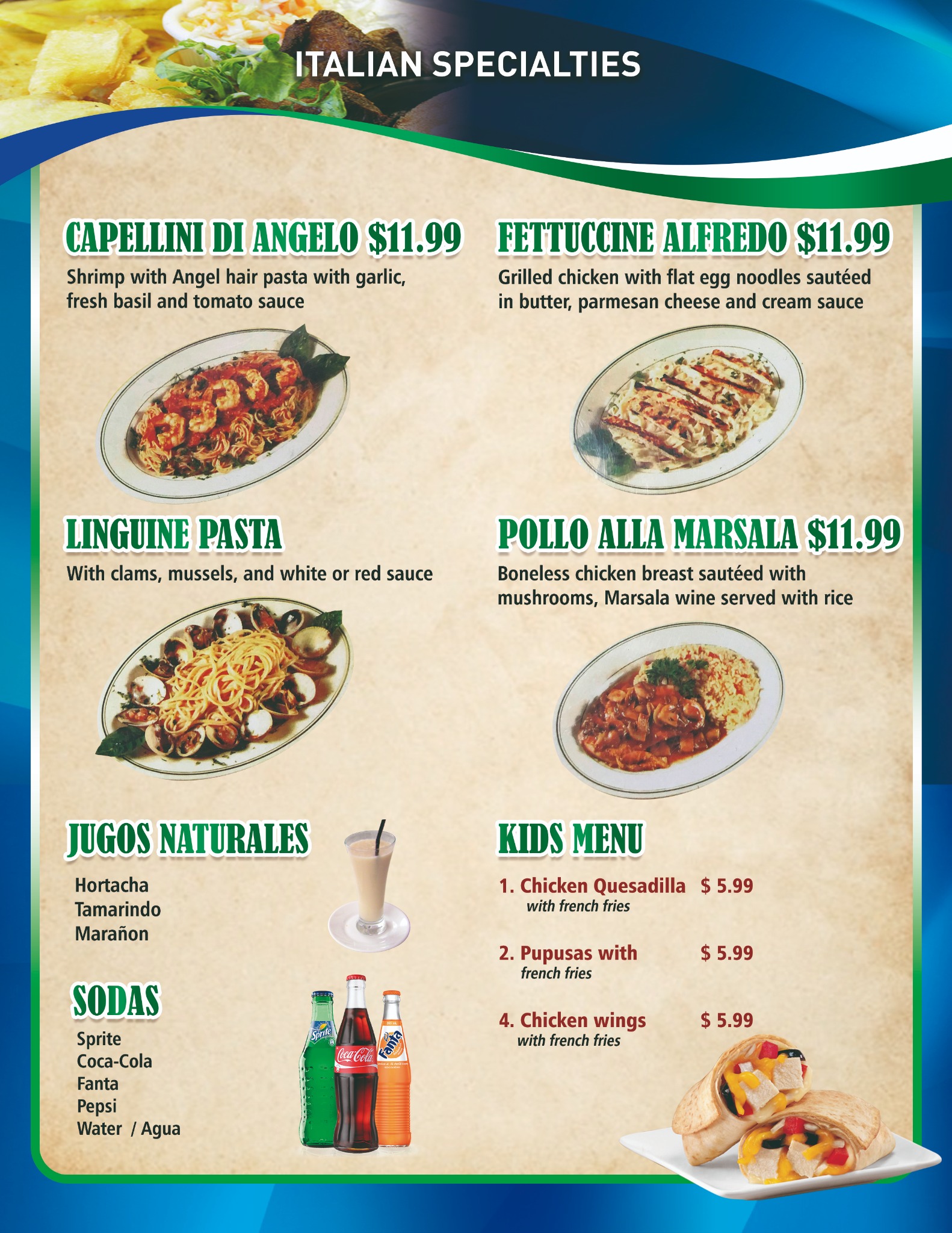 Mirna's Restaurant Italian specialties menu page