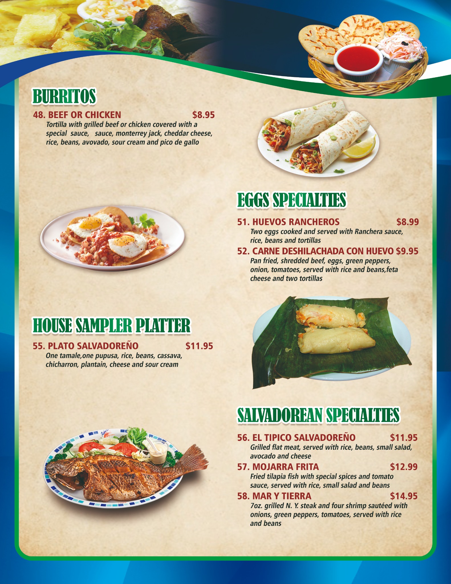 Mirna's Restaurant Salvadoran specialties menu page