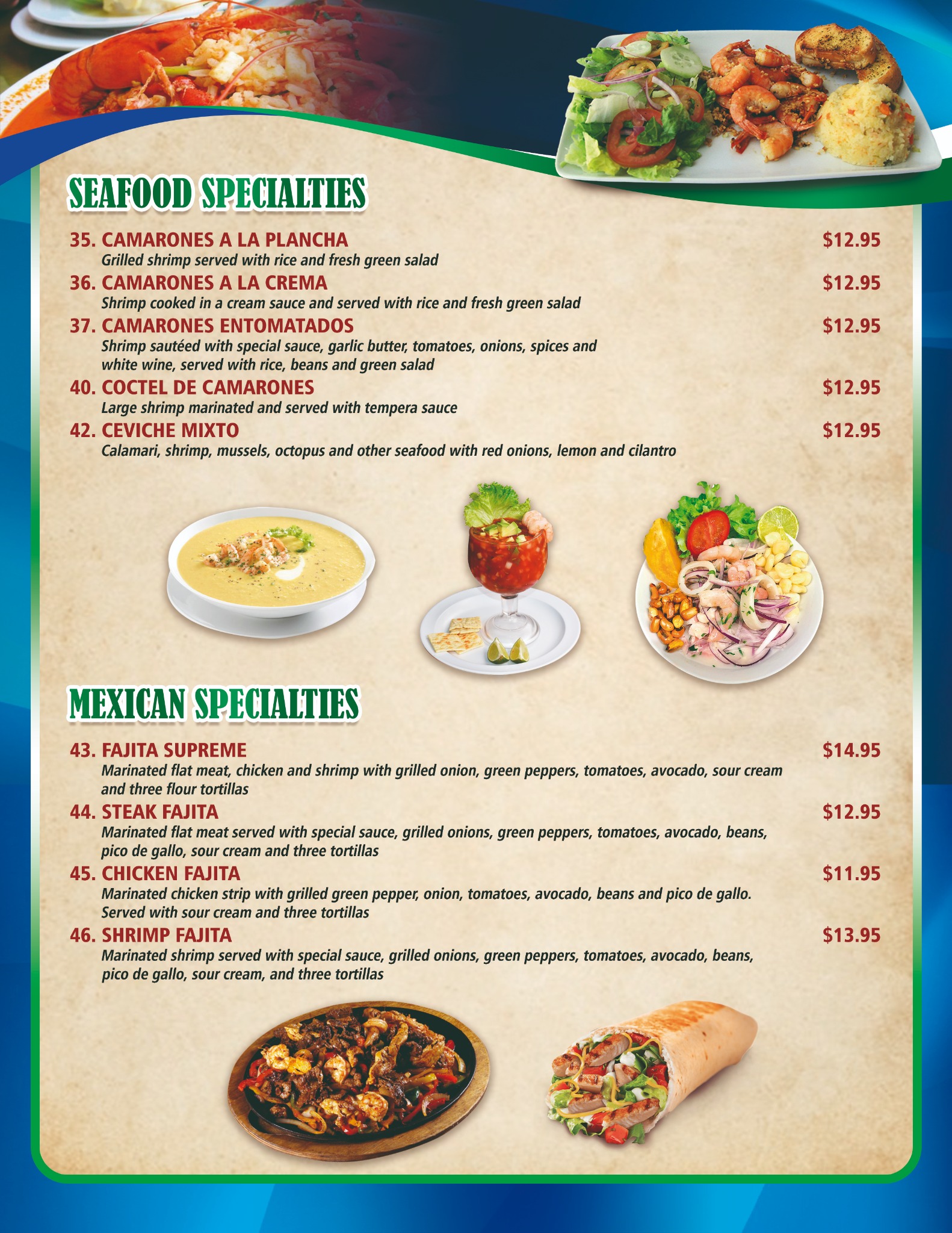 Mirna's Restaurant seafood and Mexican specialties menu page